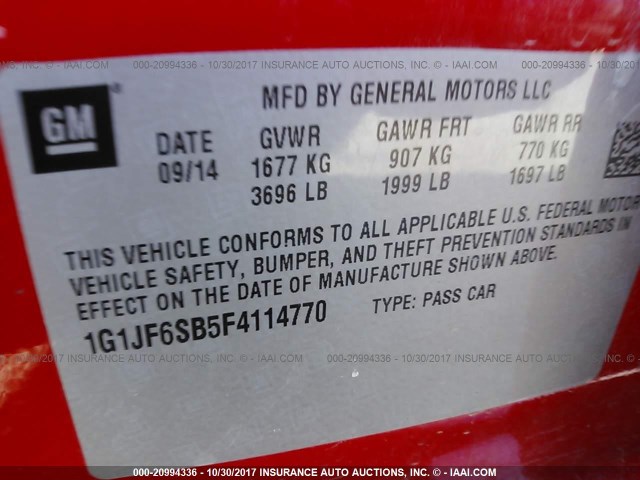 1G1JF6SB5F4114770 - 2015 CHEVROLET SONIC LTZ RED photo 9