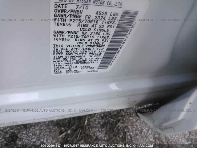 JN8AS5MVXBW254417 - 2011 NISSAN ROGUE S/SV/KROM WHITE photo 9