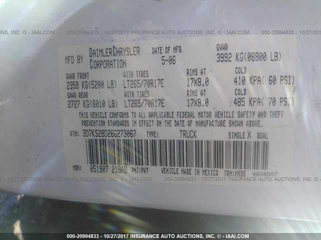 3D7KS28D26G273067 - 2006 DODGE RAM 2500 ST/SLT 白色 照片 9
