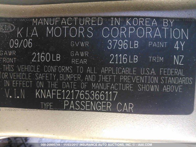 KNAFE121765366117 - 2006 KIA NEW SPECTRA LX/EX GOLD photo 9