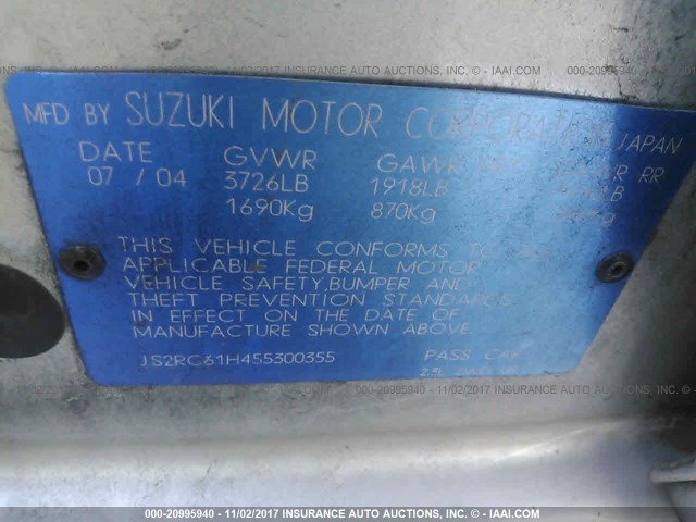 JS2RC61H455300355 - 2005 SUZUKI AERIO SX SILVER photo 9