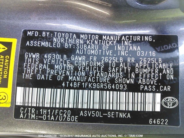 4T4BF1FK9GR564093 - 2016 TOYOTA CAMRY LE/XLE/SE/XSE GRAY photo 9