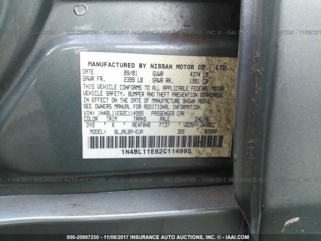 1N4BL11E62C114995 - 2002 NISSAN ALTIMA SE TEAL photo 9