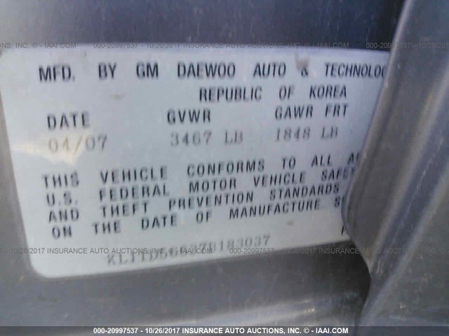 KL1TD56637B183037 - 2007 CHEVROLET AVEO LS GRAY photo 9