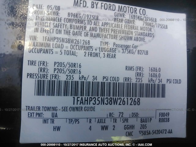 1FAHP35N38W261268 - 2008 FORD FOCUS SE/SEL/SES BLACK photo 9