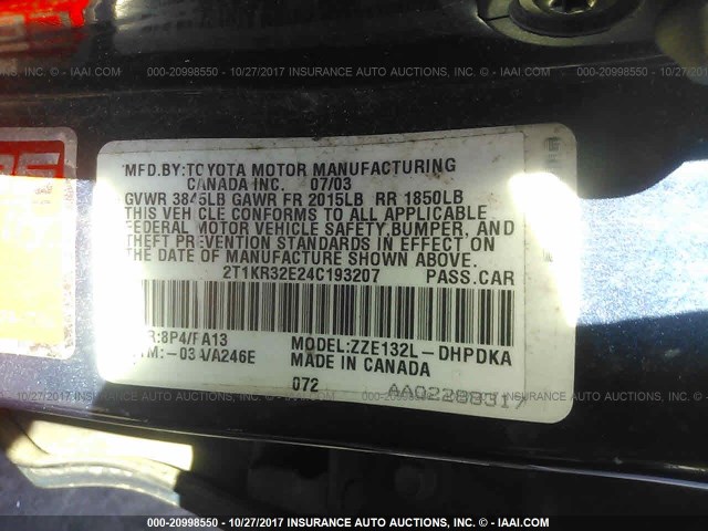 2T1KR32E24C193207 - 2004 TOYOTA COROLLA MATRIX XR BLUE photo 9