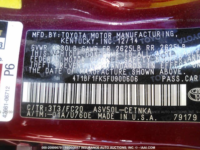 4T1BF1FK5FU900606 - 2015 TOYOTA CAMRY LE/XLE/SE/XSE MAROON photo 9