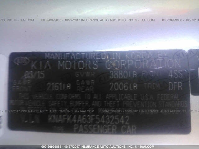 KNAFK4A63F5432542 - 2015 KIA FORTE LX GRAY photo 9