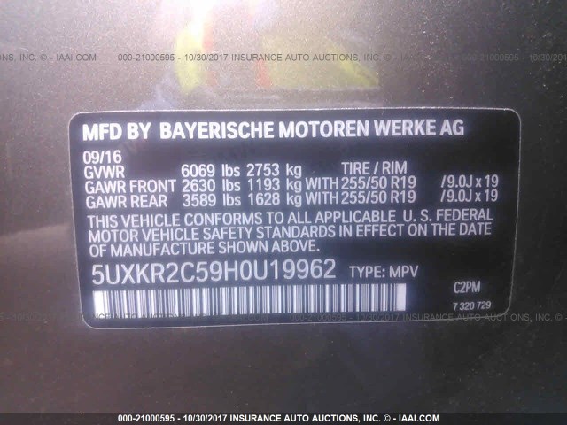 5UXKR2C59H0U19962 - 2017 BMW X5 SDRIVE35I Qəhvəyi foto 9