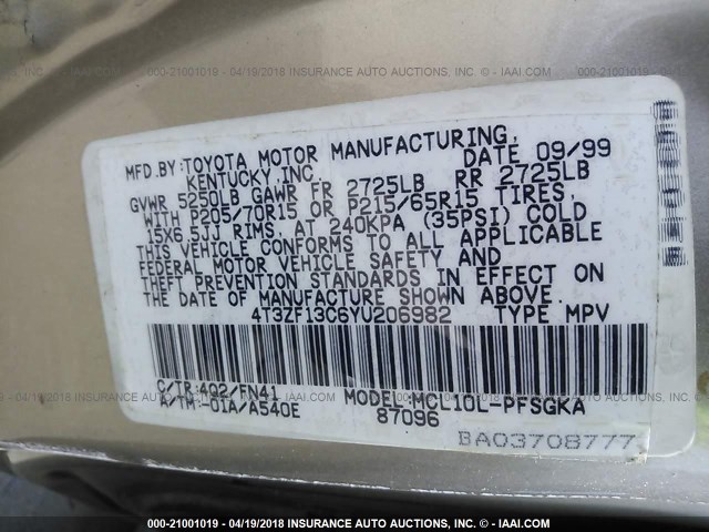 4T3ZF13C6YU206982 - 2000 TOYOTA SIENNA LE/XLE TAN photo 9