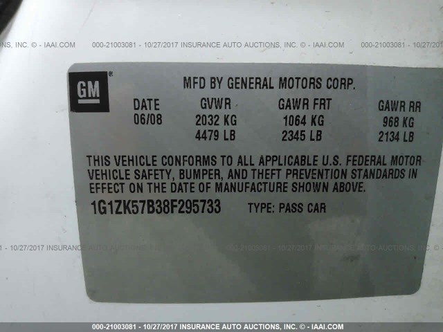 1G1ZK57B38F295733 - 2008 CHEVROLET MALIBU LTZ თეთრი ფოტო 9