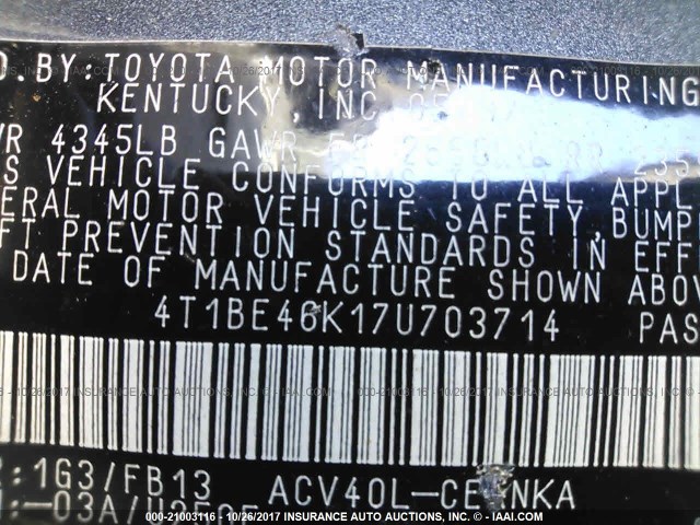 4T1BE46K17U703714 - 2007 TOYOTA CAMRY NEW GENERAT CE/LE/XLE/SE GRAY photo 9