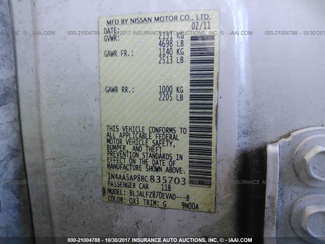 1N4AA5AP8BC835703 - 2011 NISSAN MAXIMA S/SV WHITE photo 9