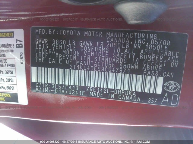 2T1KU40E99C047871 - 2009 TOYOTA COROLLA MATRIX  RED photo 9