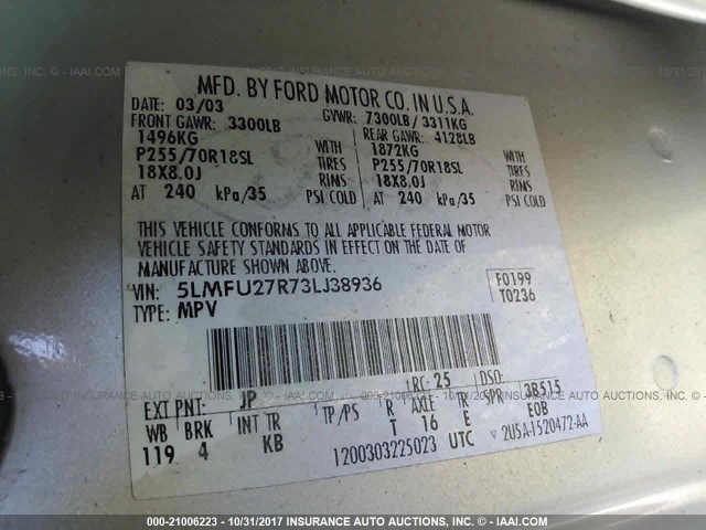 5LMFU27R73LJ38936 - 2003 LINCOLN NAVIGATOR SILVER photo 9