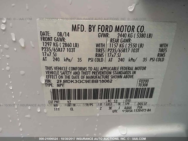 2FMDK3GC9EBB18062 - 2014 FORD EDGE SE WHITE photo 9