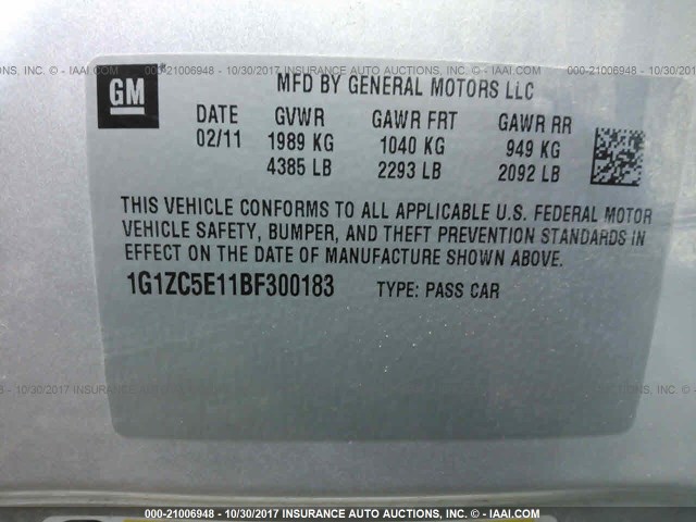 1G1ZC5E11BF300183 - 2011 CHEVROLET MALIBU 1LT 银色 照片 9