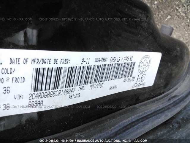 2C4RDGBG6CR148047 - 2012 DODGE GRAND CARAVAN SE BLACK photo 9