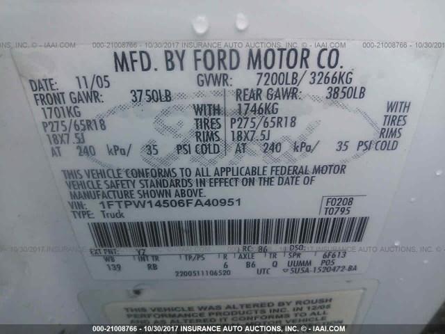 1FTPW14506FA40951 - 2006 FORD F150 SUPERCREW WHITE photo 9