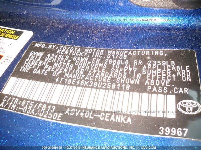 4T1BE46K38U258118 - 2008 TOYOTA CAMRY CE/LE/XLE/SE BLUE photo 9