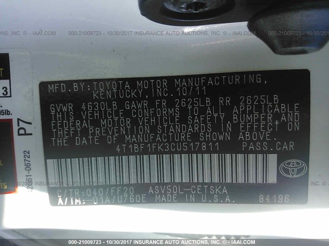 4T1BF1FK3CU517811 - 2012 TOYOTA CAMRY SE/LE/XLE WHITE photo 9