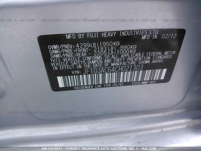 JF1GJAC64CH021303 - 2012 SUBARU IMPREZA PREMIUM GRAY photo 9