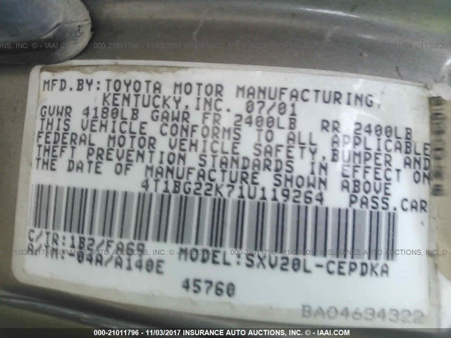 4T1BG22K71U119264 - 2001 TOYOTA CAMRY CE/LE/XLE 灰色 照片 9