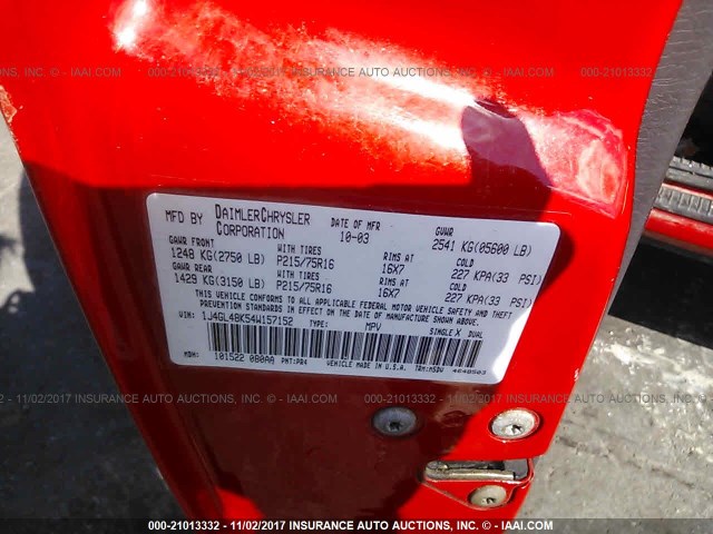 1J4GL48K54W157152 - 2004 JEEP LIBERTY SPORT 红色 照片 9