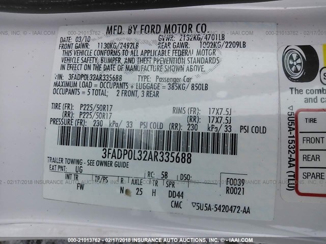 3FADP0L32AR335688 - 2010 FORD FUSION HYBRID WHITE photo 9