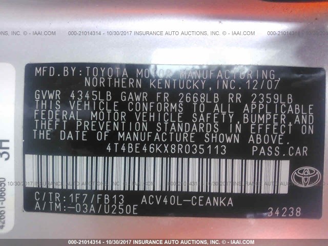 4T4BE46KX8R035113 - 2008 TOYOTA CAMRY CE/LE/XLE/SE SILVER photo 9