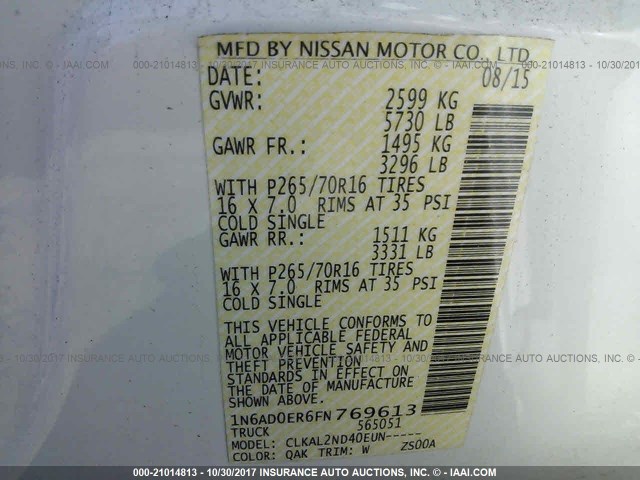 1N6AD0ER6FN769613 - 2015 NISSAN FRONTIER S/SV/SL/PRO-4X WHITE photo 9