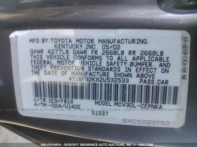 4T1BF32KX2U532533 - 2002 TOYOTA CAMRY LE/XLE/SE GRAY photo 9