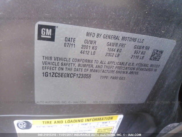 1G1ZC5E0XCF123058 - 2012 CHEVROLET MALIBU 1LT 棕色 照片 9