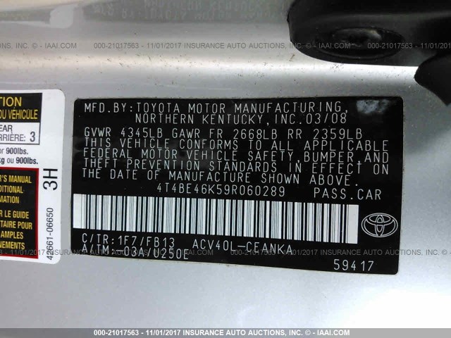 4T4BE46K59R060289 - 2009 TOYOTA CAMRY SE/LE/XLE SILVER photo 9