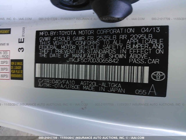 JTKJF5C70D3065842 - 2013 TOYOTA SCION TC 白色 照片 9