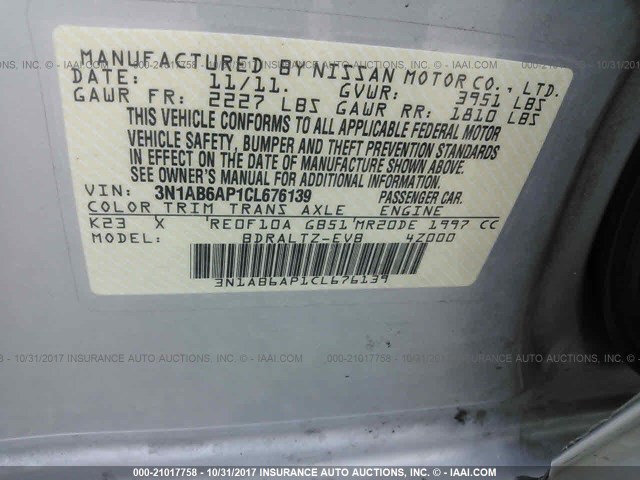 3N1AB6AP1CL676139 - 2012 NISSAN SENTRA 2.0/2.0S/SR/2.0SL SILVER photo 9