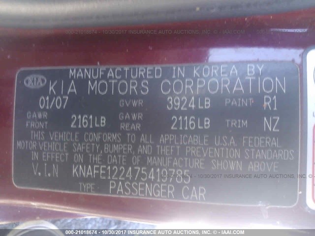 KNAFE122475419785 - 2007 KIA SPECTRA EX/LX RED photo 9