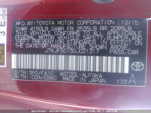 JTKJF5C73GJ021317 - 2016 TOYOTA SCION TC 红色 照片 9