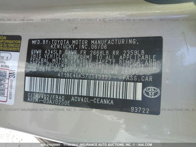 4T1BE46K57U549993 - 2007 TOYOTA CAMRY CE/LE/XLE/SE GOLD photo 9