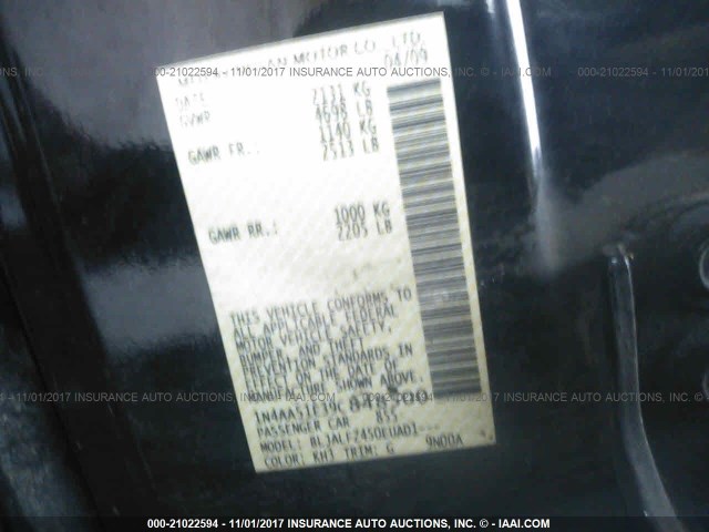 1N4AA51E39C848500 - 2009 NISSAN MAXIMA S/SV BLACK photo 9