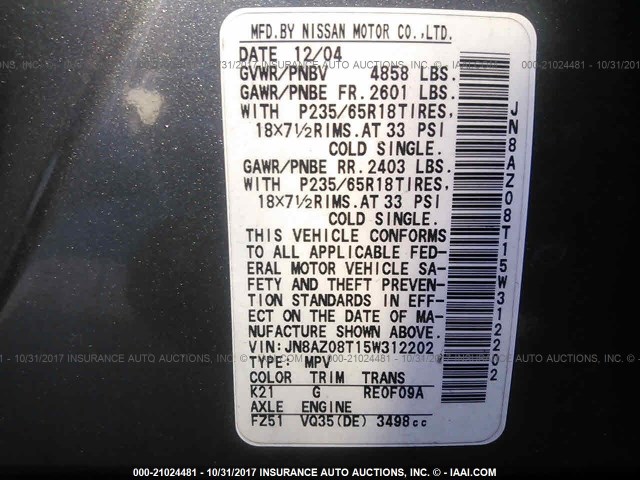 JN8AZ08T15W312202 - 2005 NISSAN MURANO SL/SE/S SILVER photo 9