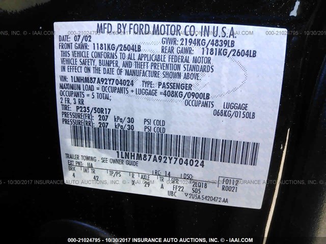 1LNHM87A92Y704024 - 2002 LINCOLN LS BLACK photo 9