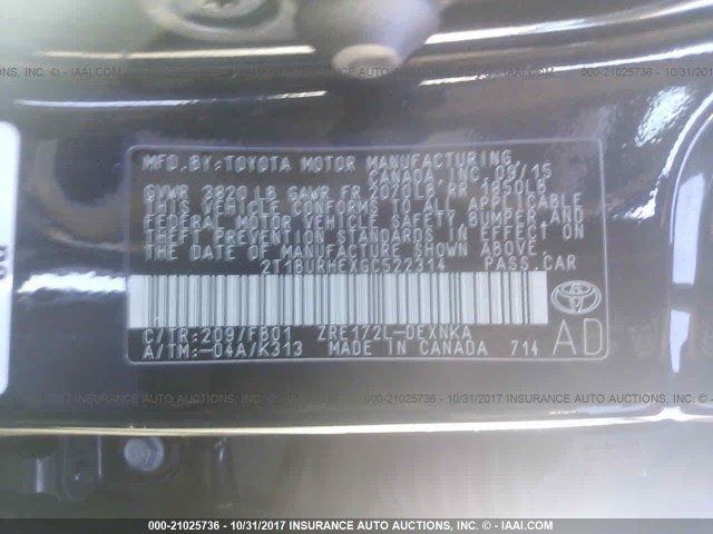 2T1BURHEXGC522314 - 2016 TOYOTA COROLLA L/LE/LE PLS/PRM/S/S PLS BLACK photo 9