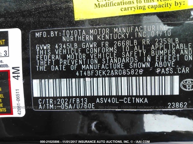 4T4BF3EK2AR085826 - 2010 TOYOTA CAMRY SE/LE/XLE შავი ფოტო 9