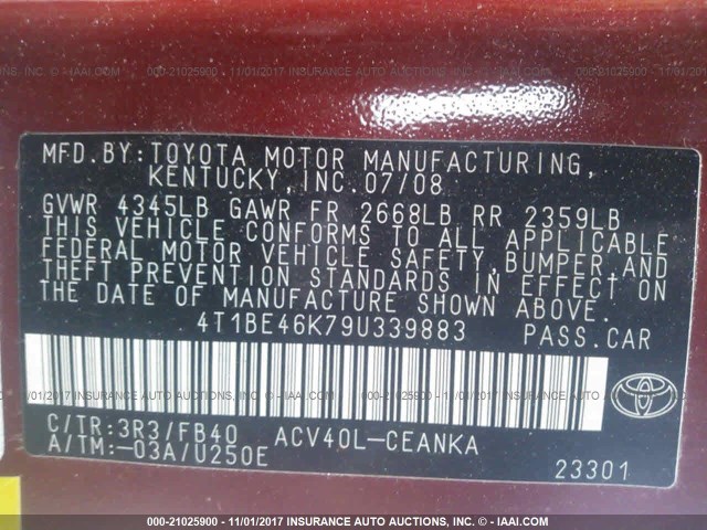 4T1BE46K79U339883 - 2009 TOYOTA CAMRY SE/LE/XLE RED photo 9