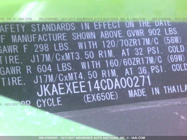 JKAEXEE14CDA00271 - 2012 KAWASAKI EX650 EC GREEN photo 10