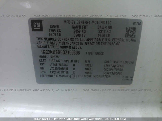 1GC2KUEG5GZ199696 - 2016 CHEVROLET SILVERADO K2500 HEAVY DUTY WHITE photo 9