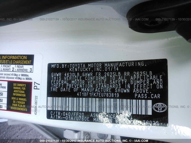 4T1BF1FK7EU783819 - 2014 TOYOTA CAMRY L/SE/LE/XLE 白色 照片 9