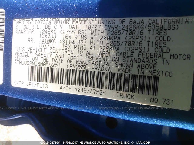 3TMJU62N58M055251 - 2008 TOYOTA TACOMA DOUBLE CAB PRERUNNER BLUE photo 9