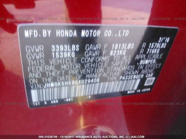 JHMGK5H59GX029406 - 2016 HONDA FIT LX RED photo 9